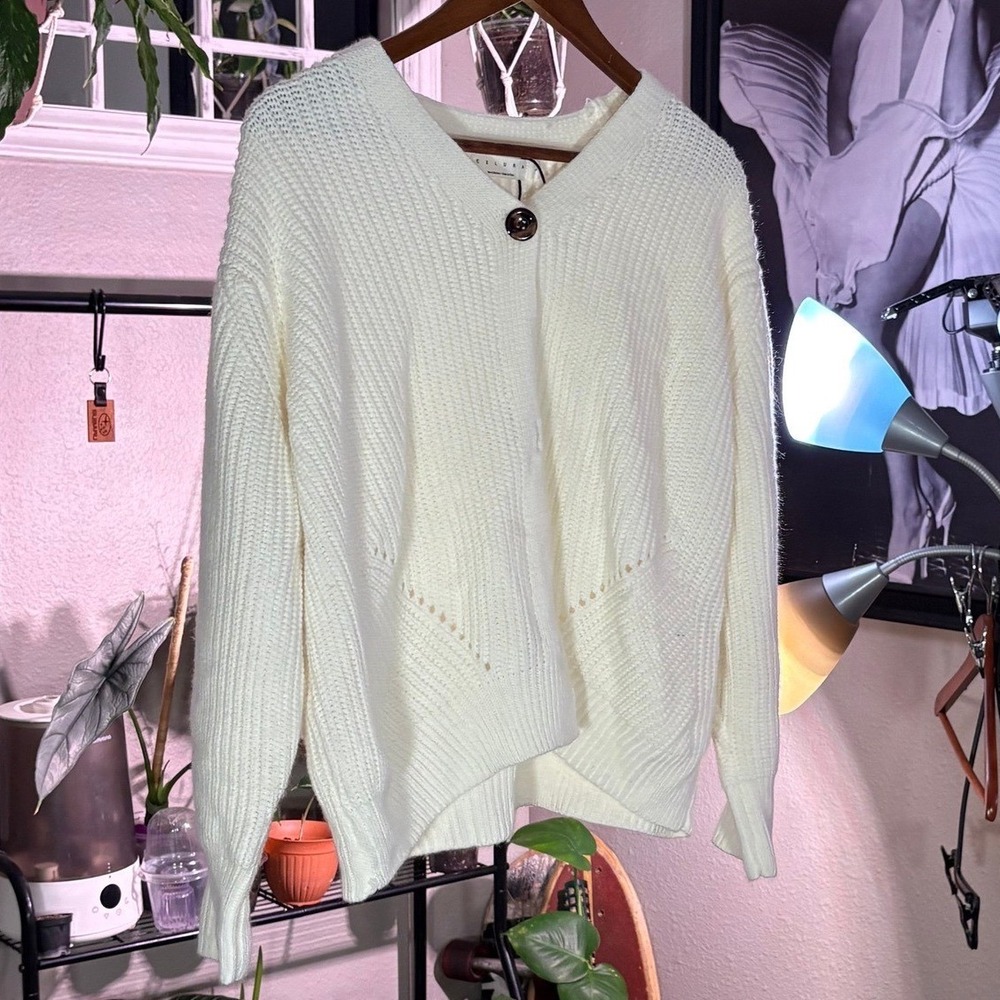 Exlura Cardigan Sweater Women Large Cream Chunky Pointelle Knit V-Neck Cozy - Picture 2 of 11